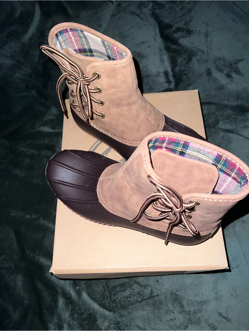 Women’s Brown Marleylilly Duck Boots - Tan Upper, Dark Brown Toe - Size 7